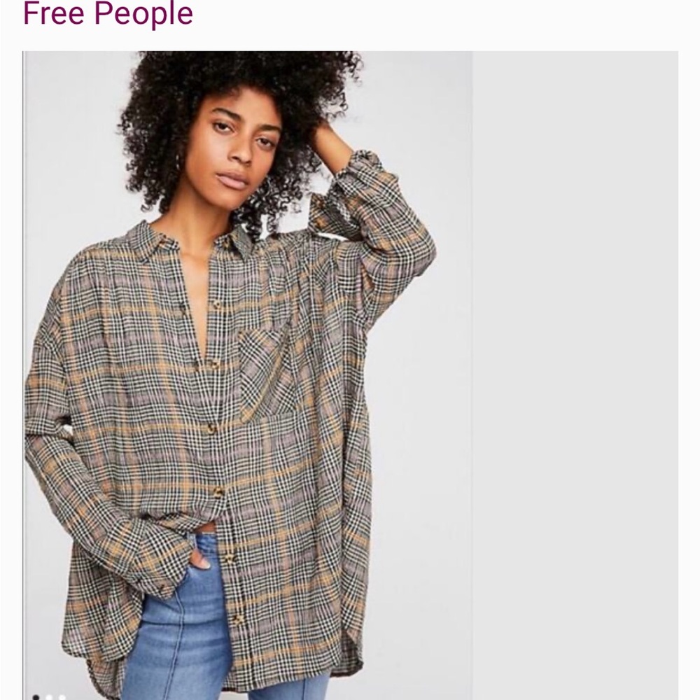 FREE PEOPLE Women's Plaid Button-Up Top - Black and bronze metallic plaid.